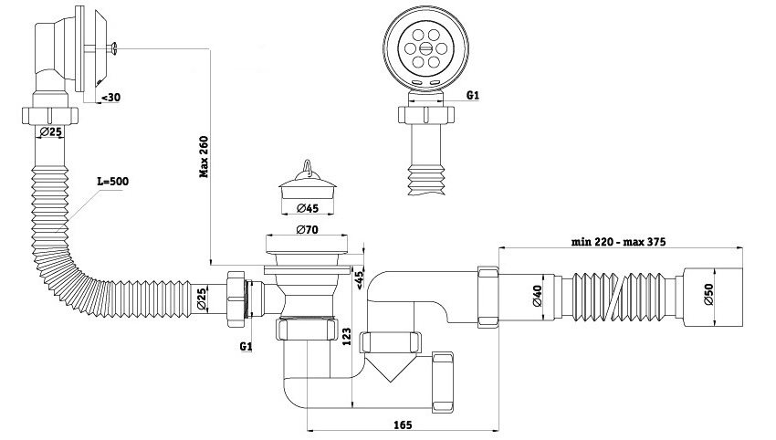 Installation dimensions for sink siphon with overflow Installation dimensions for sink siphon with overflow