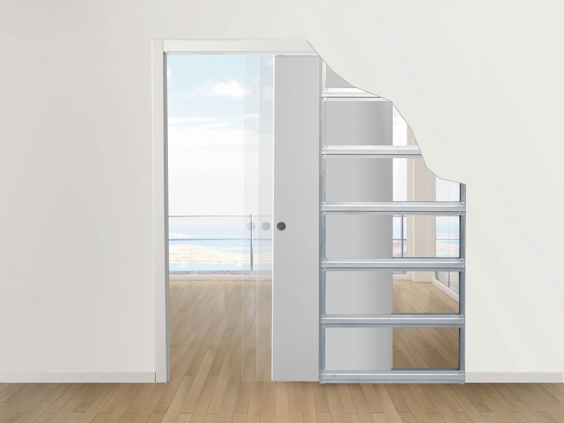 Schematic representation of the location of the door leaf inside a plasterboard wall partition Schematic representation of the location of the door leaf inside a plasterboard wall partition