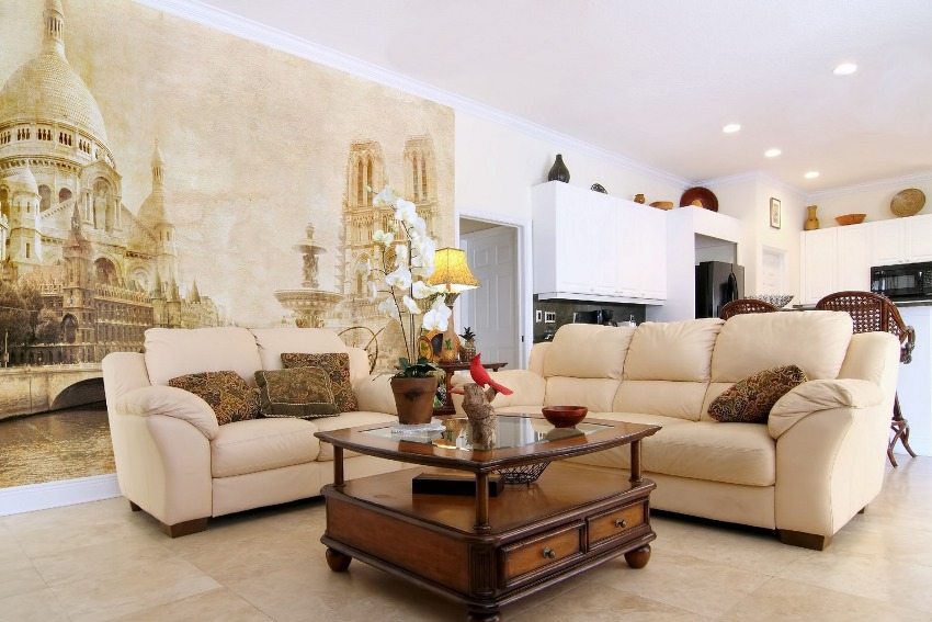 Designer glass wallpaper with a printed pattern in the interior of a modern living room Designer glass wallpaper with a printed pattern in the interior of a modern living room