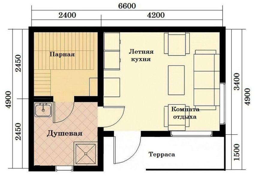 The project of arranging a bathhouse with a summer kitchen and a terrace The project of arranging a bathhouse with a summer kitchen and a terrace