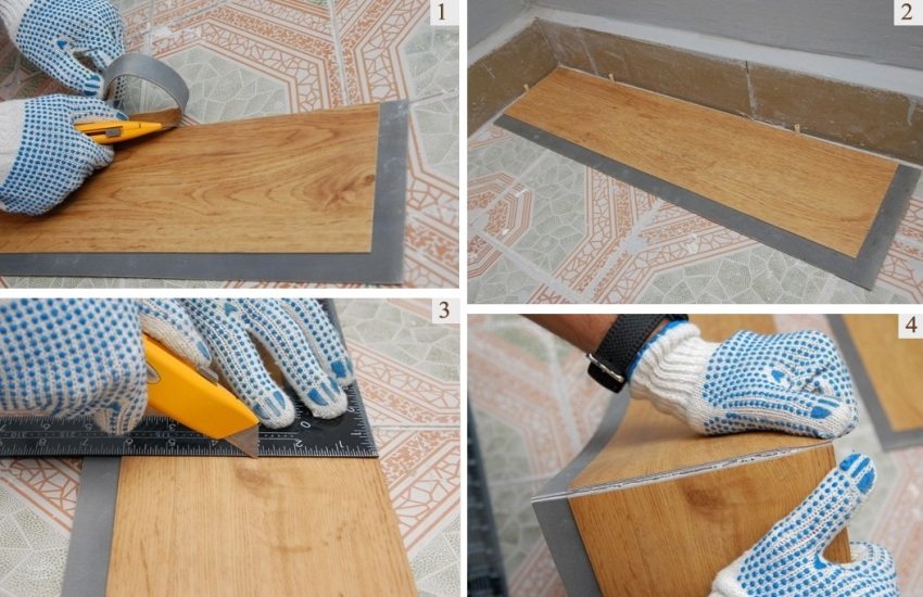Step 1: trimming the lock from the panels adjacent to the wall; step 2: laying the first panel; steps 3 and 4: trim and fit panels to size Step 1: trimming the lock from the panels adjacent to the wall; step 2: laying the first panel; steps 3 and 4: trim and fit panels to size