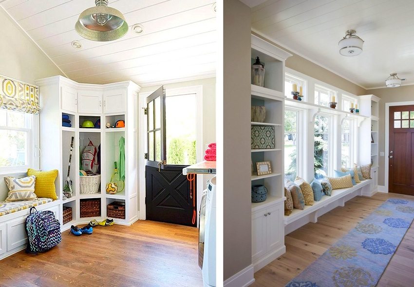 White furniture is used in the interior of the hallway, so that it less clutters the space White furniture is used in the interior of the hallway, so that it less clutters the space