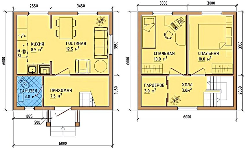 Layout option for a 6x6 house with two bedrooms and a dressing room on the second floor Layout option for a 6x6 house with two bedrooms and a dressing room on the second floor