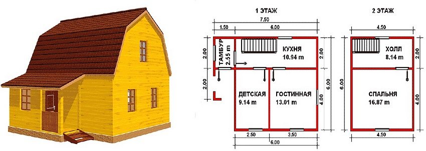 An example of the layout of a two-story house 6 by 6 m, built of wood An example of the layout of a two-story house 6 by 6 m, built of wood