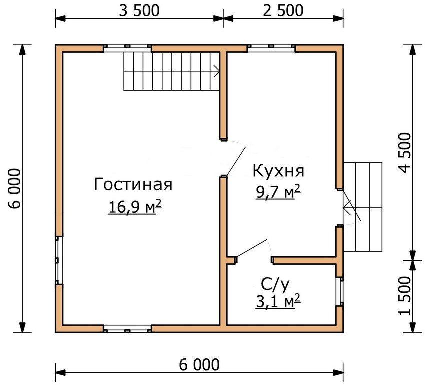 The plan of the first floor of a two-story house 6 by 6 m The plan of the first floor of a two-story house 6 by 6 m