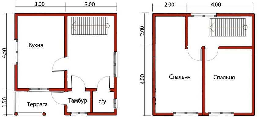 Floor plan of a two-storey house 6 by 6 with a small terrace Floor plan of a two-storey house 6 by 6 with a small terrace