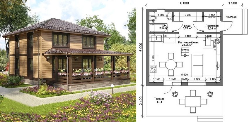 The plan of a two-storey house 6x6 with a porch and a large terrace The plan of a two-storey house 6x6 with a porch and a large terrace