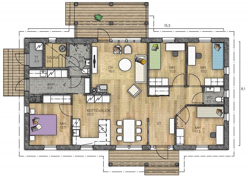 Layout option for a wooden house from a bar with an area of 124 sq.m Layout option for a wooden house from a bar with an area of 124 sq.m