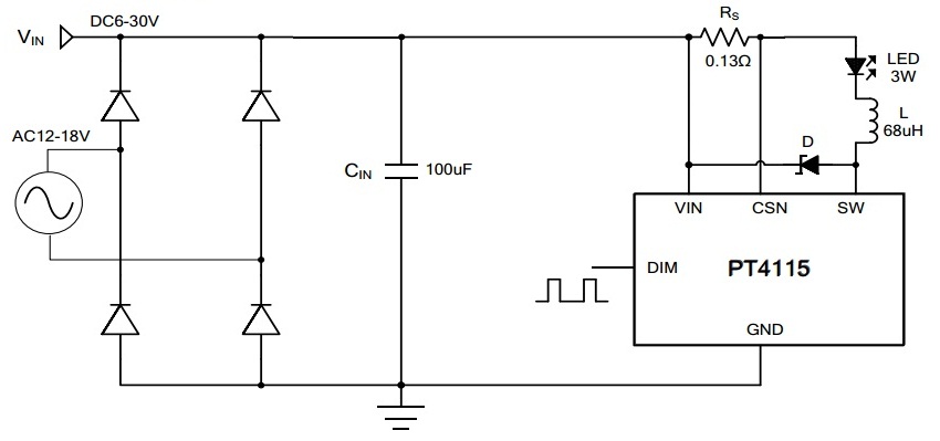 Driver circuit for LEDs using PT4115 Driver circuit for LEDs using PT4115