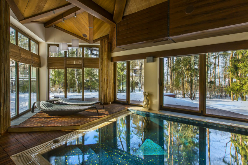 Large windows for indoor pools are usually used in country cottages where the territory of the house is fenced Large windows for indoor pools are usually used in country cottages where the territory of the house is fenced