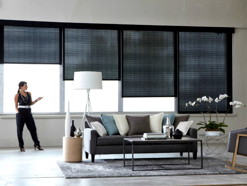 Automatic roller blinds are available for tall panoramic windows Automatic roller blinds are available for tall panoramic windows