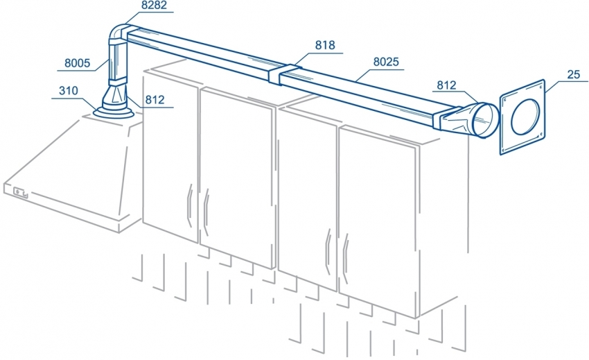 Installation diagram of the hood using a plastic duct Installation diagram of the hood using a plastic duct