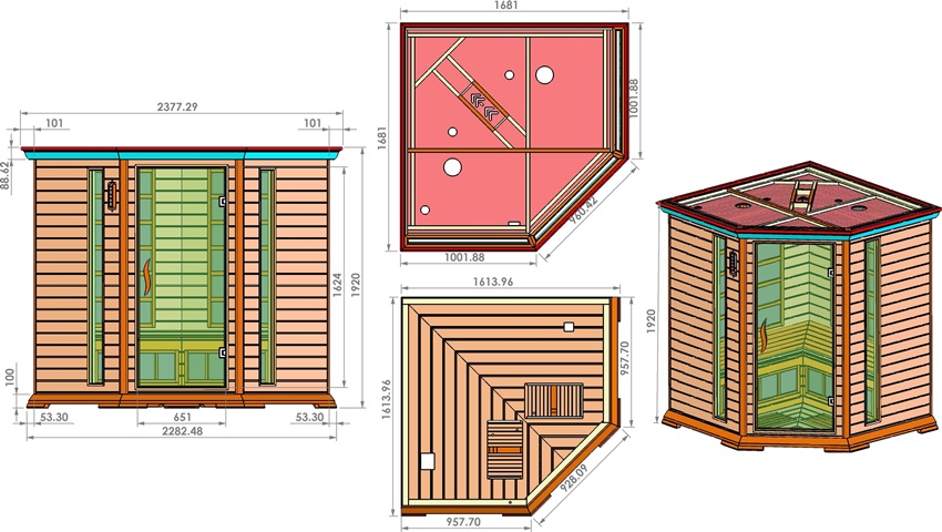 Installation dimensions for the installation of a corner infrared sauna cabin Installation dimensions for the installation of a corner infrared sauna cabin