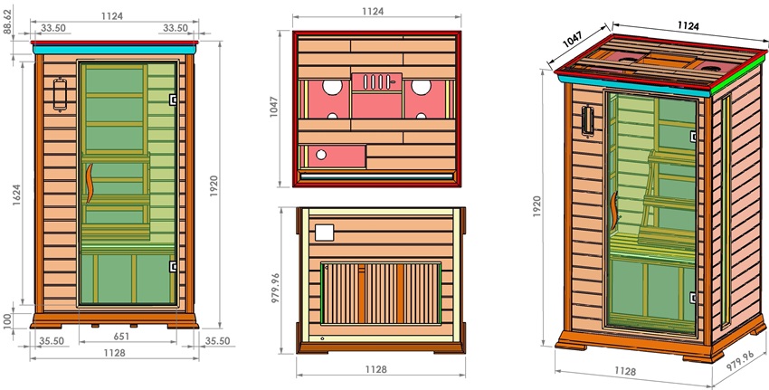 Overall dimensions of a single cabin infrared sauna Overall dimensions of a single cabin infrared sauna