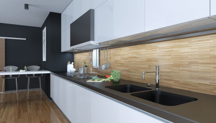 High-tech kitchen interior looks great with an apron in the color of the floor High-tech kitchen interior looks great with an apron in the color of the floor