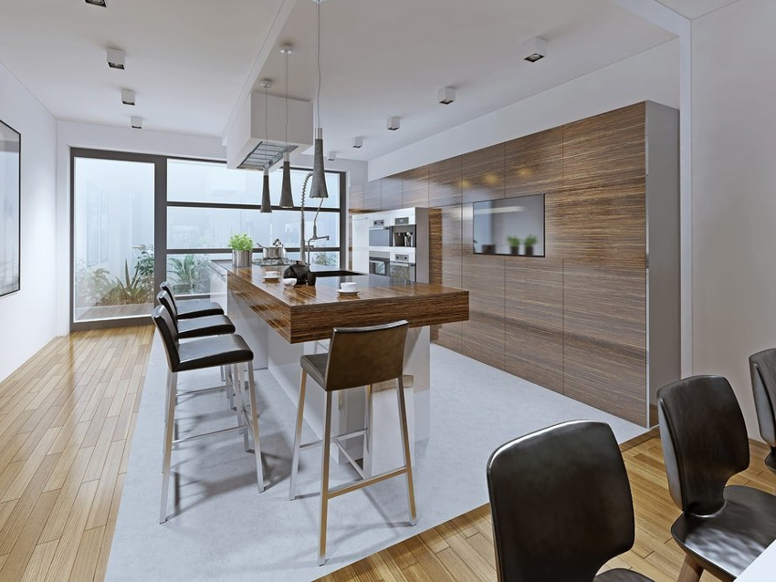 The ceiling in a high-tech kitchen should be carefully aligned and painted white The ceiling in a high-tech kitchen should be carefully aligned and painted white