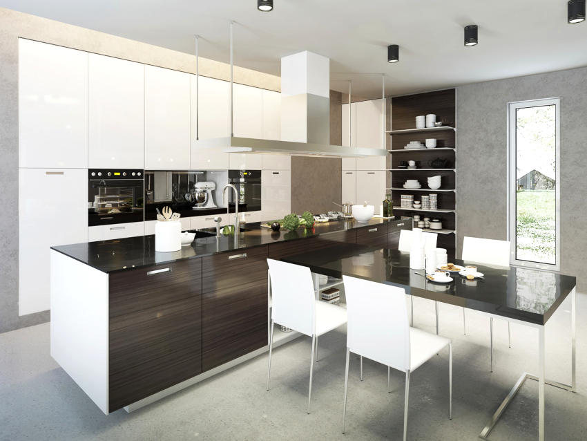 It is desirable that the counter and table in the high-tech kitchen have the correct shape. It is desirable that the counter and table in the high-tech kitchen have the correct shape.
