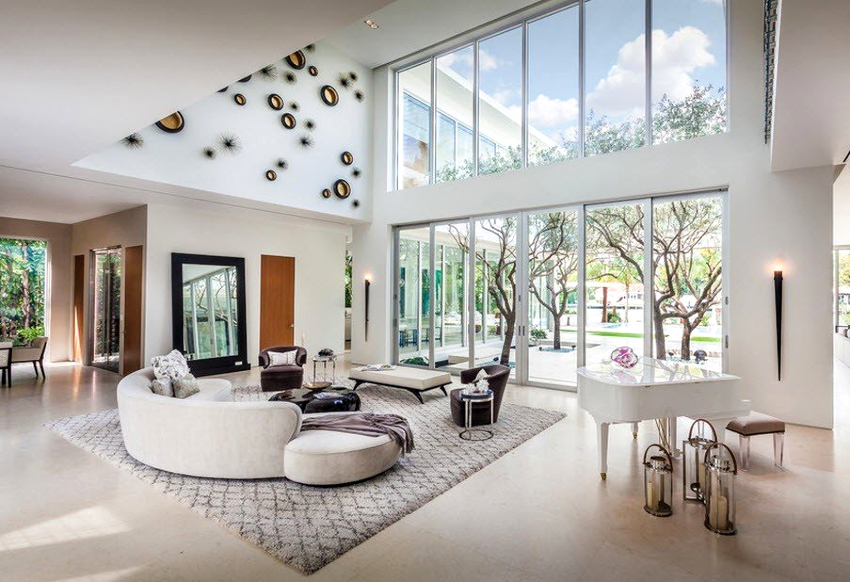 In a modern living room, the use of a large amount of textiles and decor is unacceptable In a modern living room, the use of a large amount of textiles and decor is unacceptable