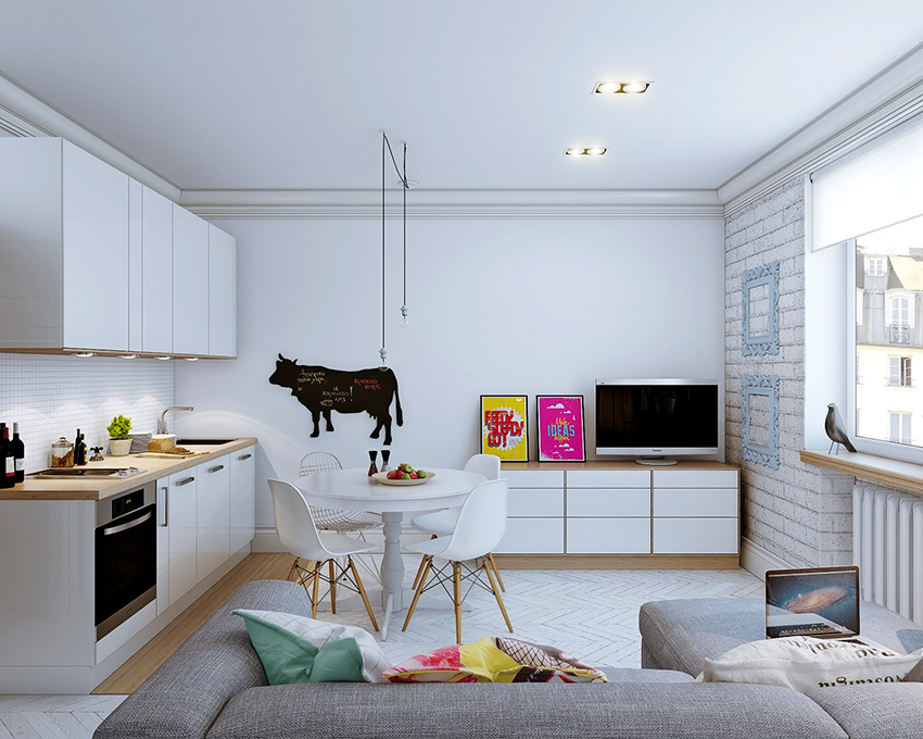 By combining the kitchen and living room in a small apartment, it becomes possible to organize a dining area By combining the kitchen and living room in a small apartment, it becomes possible to organize a dining area